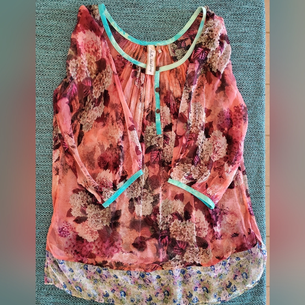 Aratta Silent Journey Anthropologie M Pink Floral Sheer Blouse with Teal Accents